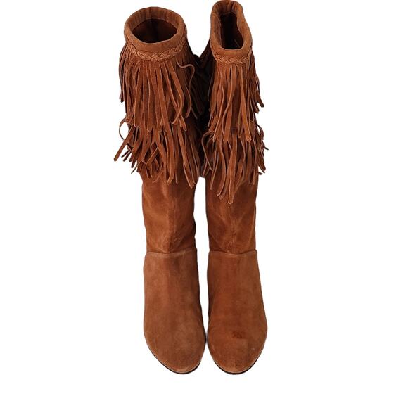 Gianni Bini rust suede tall slouchy knee high fringed boots 1" wedges 7.5 - Picture 4 of 7